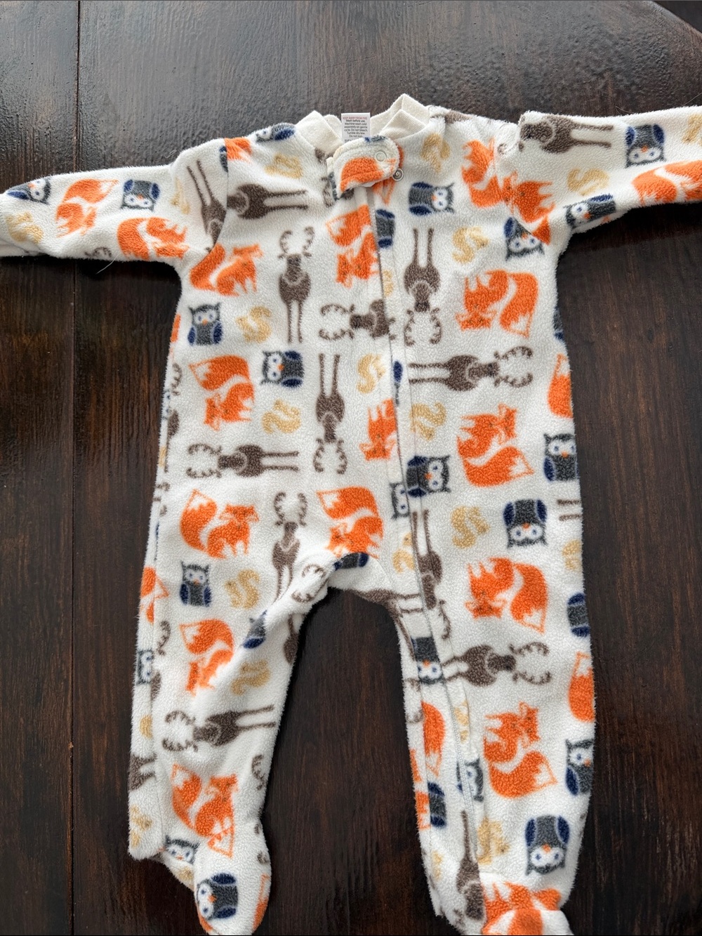 Carter's White Fleece Footed One-Piece with Orange Fox & Blue Owl Print